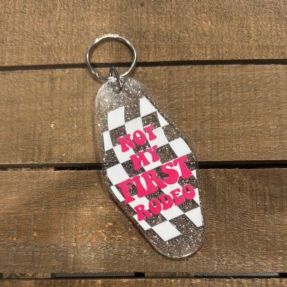 Checkered Keychain with Pink Text